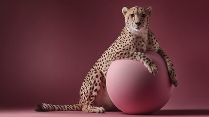A cheetah rests on a large pink ball against a pink background. The cheetah has a spotted coat and a relaxed posture, showcasing its sleek body.
