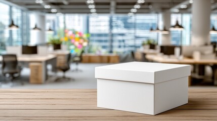 Obraz premium A white gift box sits on a wooden table in a modern office. The background features blurred office furniture and colorful balloons.