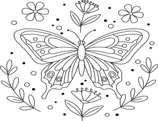 Black and white illustration of a butterfly with intricate wing patterns and surrounding floral elements.