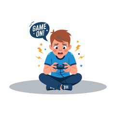 Young boy intensely playing video games with a controller, looking stressed and excited