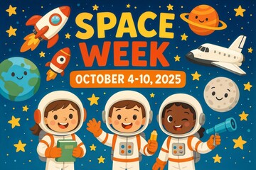 happy world space week from October 4-10, cartton design for kids,