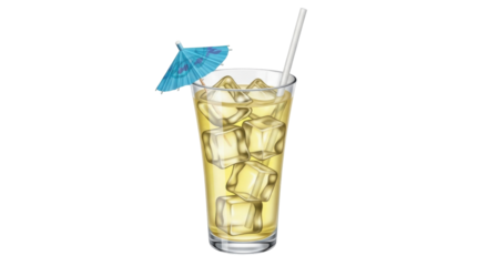 Isolated glass of refreshing summer drink with ice cubes, straw, and decorative umbrella