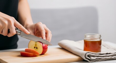 Close-up of hands slicing a red apple on a wooden board next to a jar of honey, preparing a fresh, healthy, and cozy autumn picnic snack.