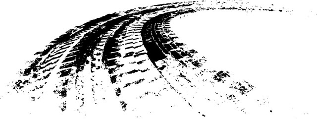 Vector black-and-white tire tracks and skid marks isolated white background. Tire trace track wheels texture and background, Auto tire tread grunge, Car wheel tyre tread track black tyre print, 