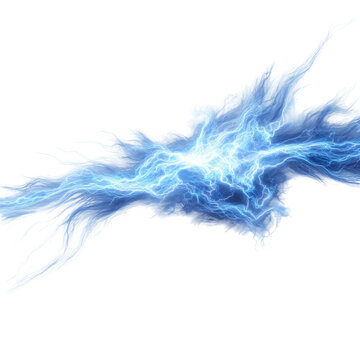 Bright blue electric lightning bolt striking across a white background