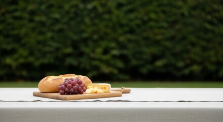 Fresh bread, cheese, and red grapes on wooden board. Minimalist autumn picnic setup on white table with natural green foliage background.