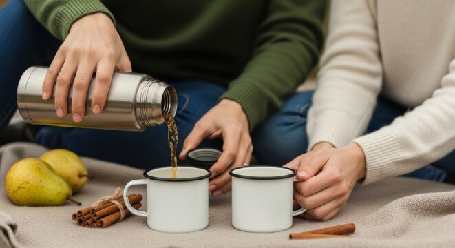 Close-up of people pouring a hot drink from a thermos into enameled mugs on a blanket next to pears and cinnamon, conveying a warm autumn picnic atmosphere. - Powered by Adobe