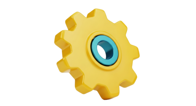 Isolated yellow cogwheel, gearwheel, or toothed wheel featuring a blue center, no background