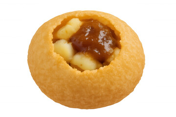 Panipuri, a traditional indian snack, showing its crisp hollow shell stuffed with a spicy potato mix and sweet tamarind sauce