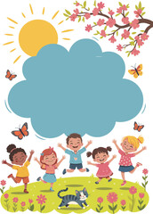 Children playing on grassy field with flowers, butterflies, sun, and birthday cloud banner, cheerful springtime vector illustration, customizable celebration design