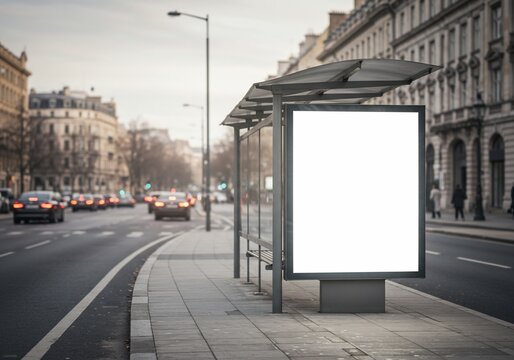 Urban Bus Stop Billboard Mockup in Paris, France, with Blank White Advertising Space