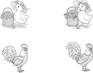 Four images of farm animals: ducks with hats and roosters.