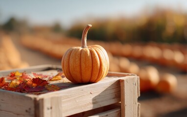 Bright orange pumpkin on rustic wooden crate surrounded by autumn scenery at a pumpkin patch in early fall