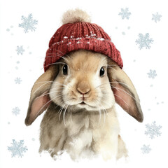 Adorable bunny wearing knitted red winter hat watercolor illustration for children with soft tones clear white background and scattered snowflakes
