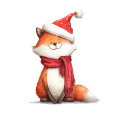Charming watercolor fox wearing red knitted scarf and santa hat sitting calmly with gentle smile clean white background delicate soft colors holiday theme

