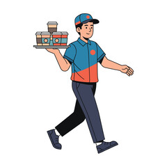 Smiling delivery person carrying a tray of coffee cups, modern illustration