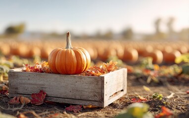 Bright orange pumpkin stands out on rustic wooden crate in pumpkin patch during autumn sunlight