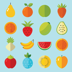 Vibrant assortment of flat design fruits on a light blue background
