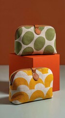 Stylish fabric pouches with geometric patterns and leather details