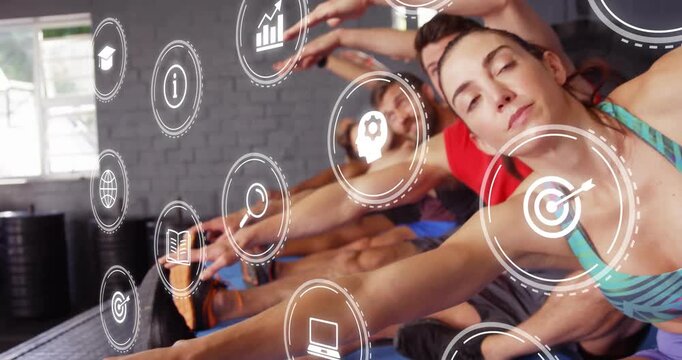 Fitness participants on cue stretching side posture, tracking progress with floating data icons