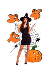 Obraz premium Vertical photo collage of sexy woman witch enchantress do magic paranormal ghost pumpkin decor spider net isolated on painted background