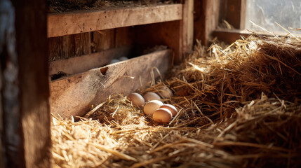 Fresh eggs in wooden nesting box with straw bedding inside rustic chicken coop in soft morning light