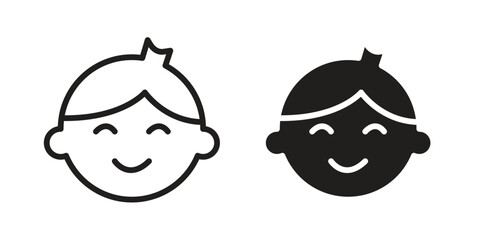 Child face icons in line stroke outline art and clip art