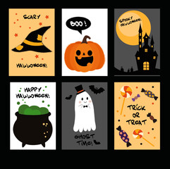 Halloween cute greeting cards with pumpkin, ghost and sweets