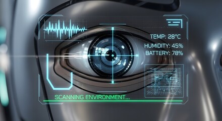 Futuristic robot eye scanning the environment with digital interface and data displays