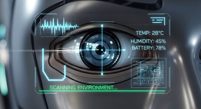 Futuristic robot eye scanning the environment with digital interface and data displays