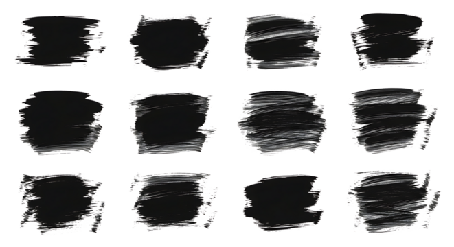 Collection of twelve textured dark paint brush strokes isolated on white background