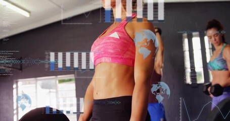 Mid adult woman gripping barbell initiating digital performance metrics tracking strength in gym - Powered by Adobe