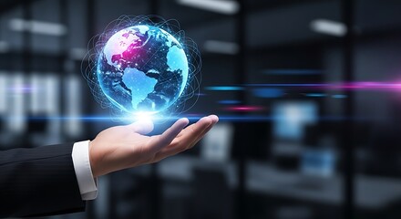 Dynamic globe in hand representing global business connections and innovative technology solutions for worldwide marketing strategy and international partnerships