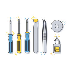 Collection of electronic repair tools and SIM card ejector tool