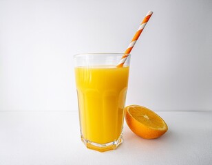 Fototapeta premium glass of bright yellow juice with striped straw on white background clean and fresh mockup ideal for beverage branding health product promos or summer visuals