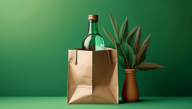 bottle in a paper bag on a green background minimalistic style