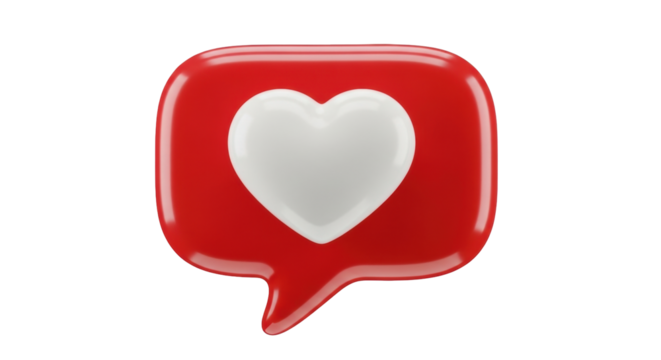 Isolated shiny red speech bubble with heart, social media like, love button, 3D icon