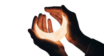 Gentle hands cupping a glowing crescent moon shape emitting warm light isolated on white background