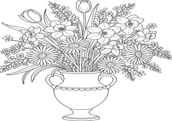 Detailed black and white drawing of a vase filled with various flowers.