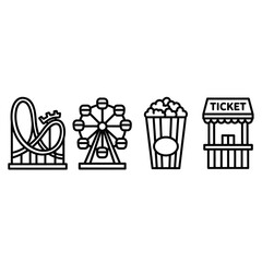 Black line icons set amusement park and carnival elements. Rollercoaster, Ferris wheel, popcorn, ticket booth. Vector illustration for fun, fairground, and entertainment themes