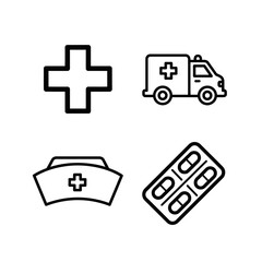 Obraz premium A collection of four simple black and white medical icons, including a cross, an ambulance, a nurse's cap, and a blister pack of pills.