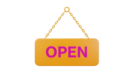 Isolated, open sign hangs from chain, retail businesses welcome customers indoors today