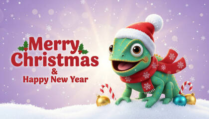 Holiday Season Illustration with Chameleon and Happy New Year Message