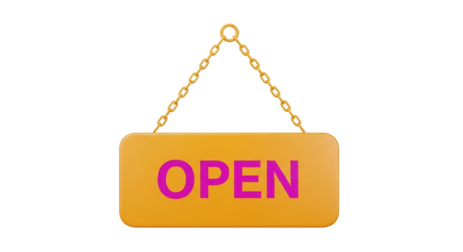 Isolated, open sign hangs from chain, retail businesses welcome customers indoors today