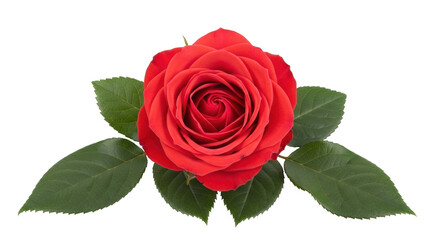 Naklejka premium Isolated red rose with leaves, a romantic flower with delicate petals, ideal for cards