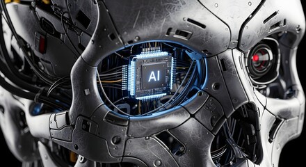 Obraz premium Artificial Intelligence in Robot Skull Conceptual Tech Head with AI Chip
