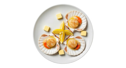 Isolated, delicious scallops in shells with butter and lemon on a plate, seafood dish
