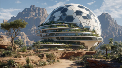 Obraz premium Innovative spherical building, shaped like a geometric sphere with integrated green terraces, is nestled in a vast desert landscape, symbolizing futuristic sustainable architecture