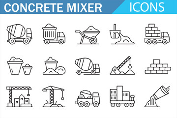 Concrete mixer and construction equipment line icons set — cement truck, wheelbarrow, crane, bricks, sand, tools and industrial symbols — minimal outline style illustration for building industry © MDSUMON