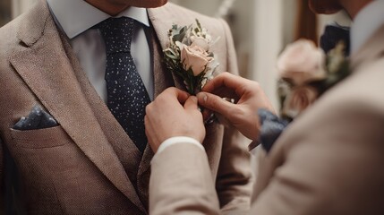 Groom's boutonniere being adjusted before the wedding ceremony.